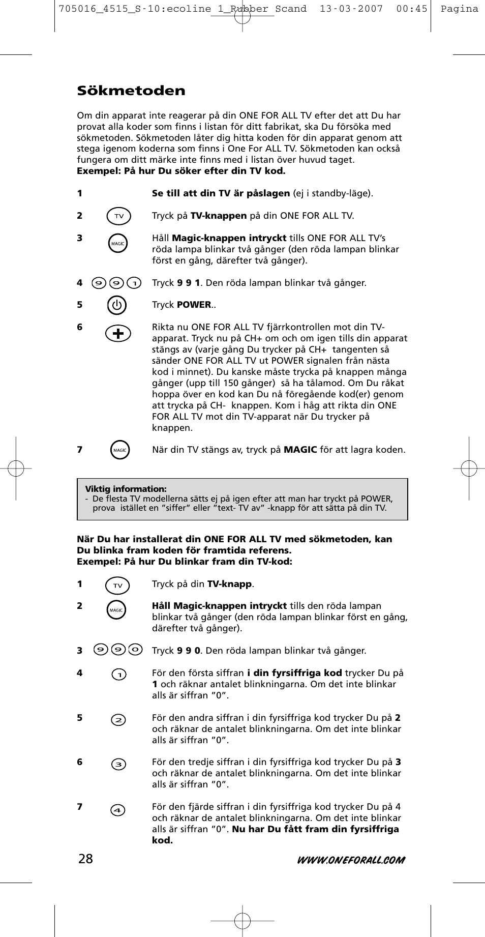 Sökmetoden | One for All URC-3415 User Manual | Page 28 / 84