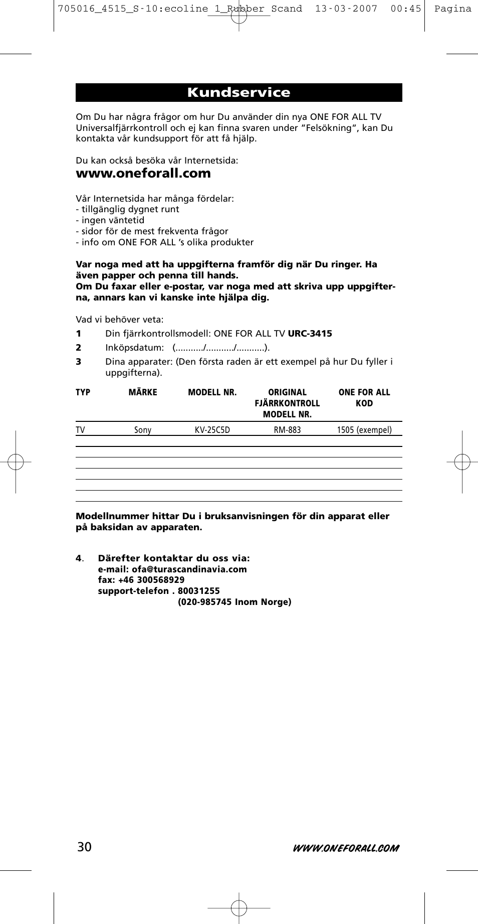 Kundservice 30 | One for All URC-3415 User Manual | Page 30 / 84