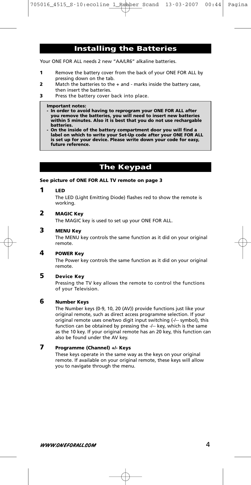 Installing the batteries, The keypad | One for All URC-3415 User Manual | Page 4 / 84
