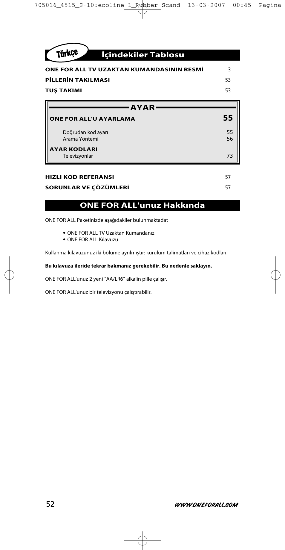 Türkçe, Ayar, Içindekiler tablosu | One for all'unuz hakkında | One for All URC-3415 User Manual | Page 52 / 84