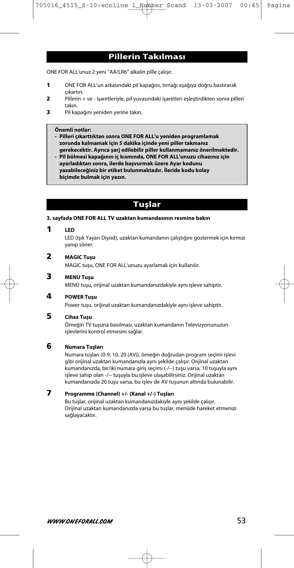 Pillerin takılması, Tuşlar | One for All URC-3415 User Manual | Page 53 / 84