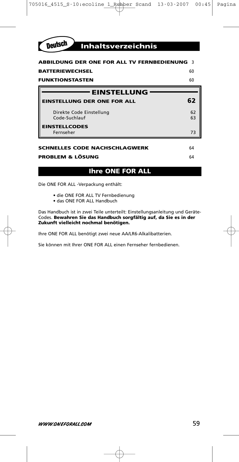 Deutsch, Einstellung, Inhaltsverzeichnis ihre one for all | One for All URC-3415 User Manual | Page 59 / 84