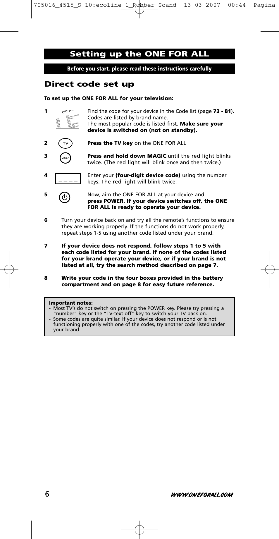 Direct code set up, Setting up the one for all | One for All URC-3415 User Manual | Page 6 / 84