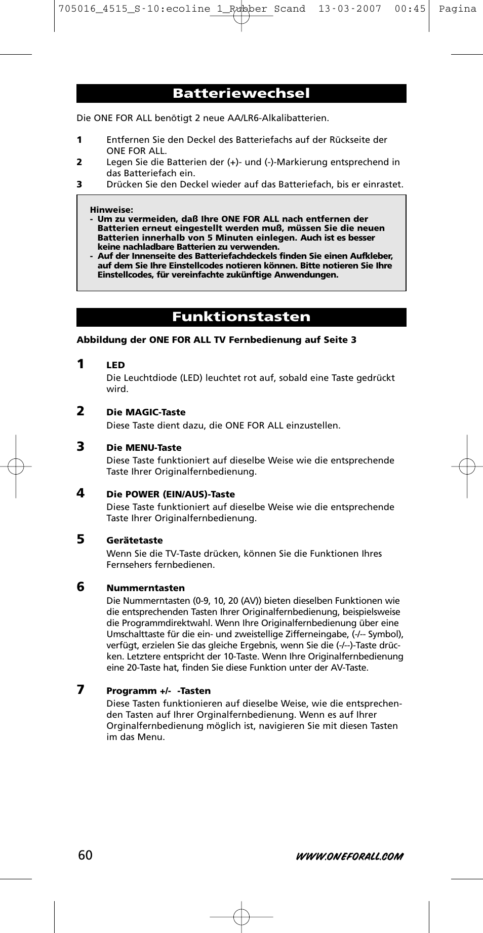 Batteriewechsel, Funktionstasten | One for All URC-3415 User Manual | Page 60 / 84