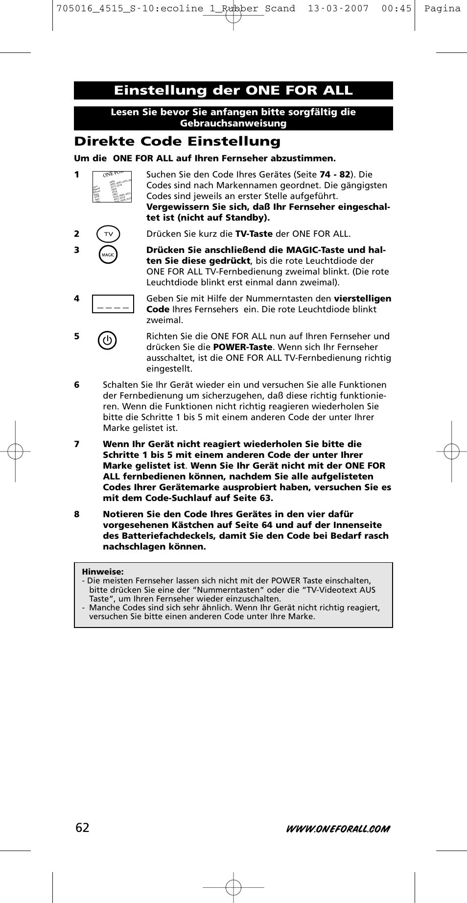 Direkte code einstellung, Einstellung der one for all | One for All URC-3415 User Manual | Page 62 / 84