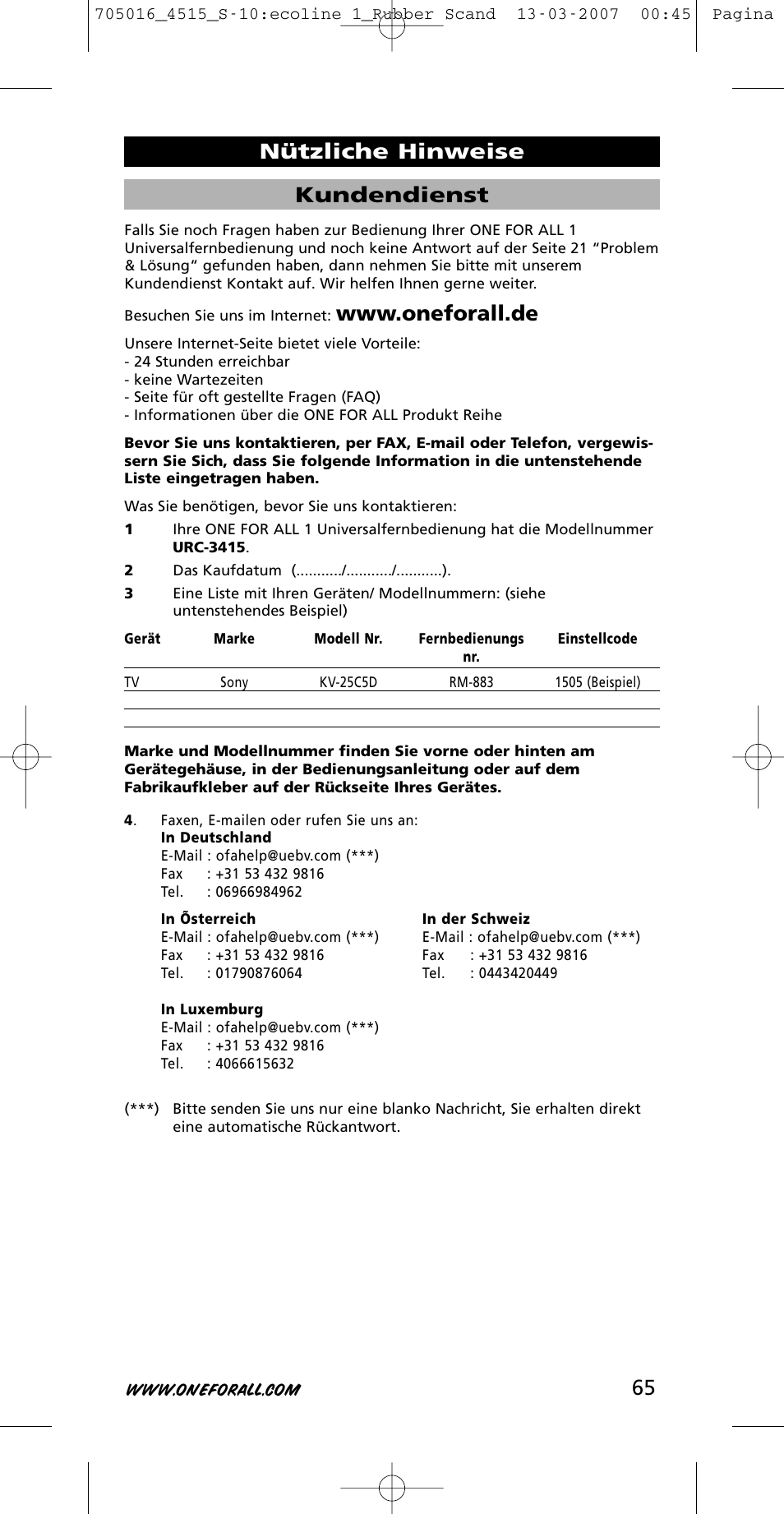 Kundendienst, Nützliche hinweise | One for All URC-3415 User Manual | Page 65 / 84