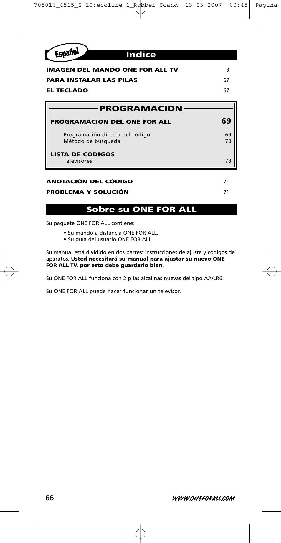 Español, Programacion, Sobre su one for all indice | One for All URC-3415 User Manual | Page 66 / 84