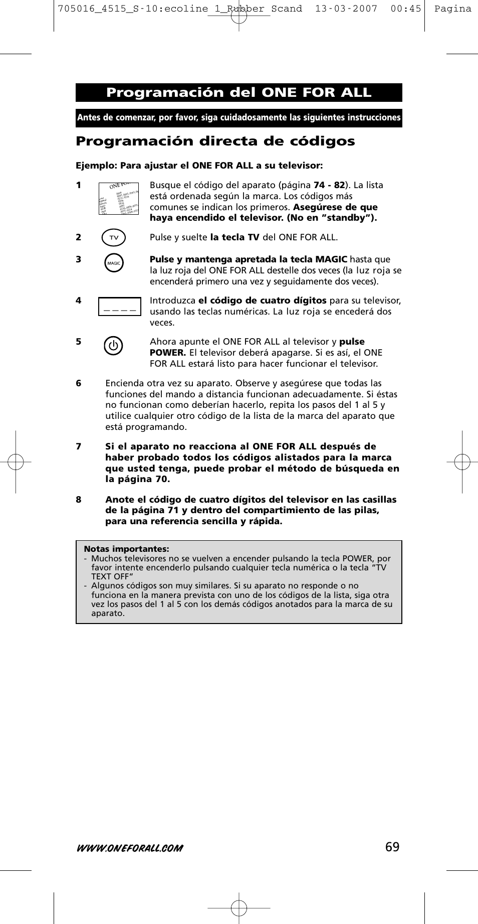 Programación directa de códigos, Programación del one for all | One for All URC-3415 User Manual | Page 69 / 84
