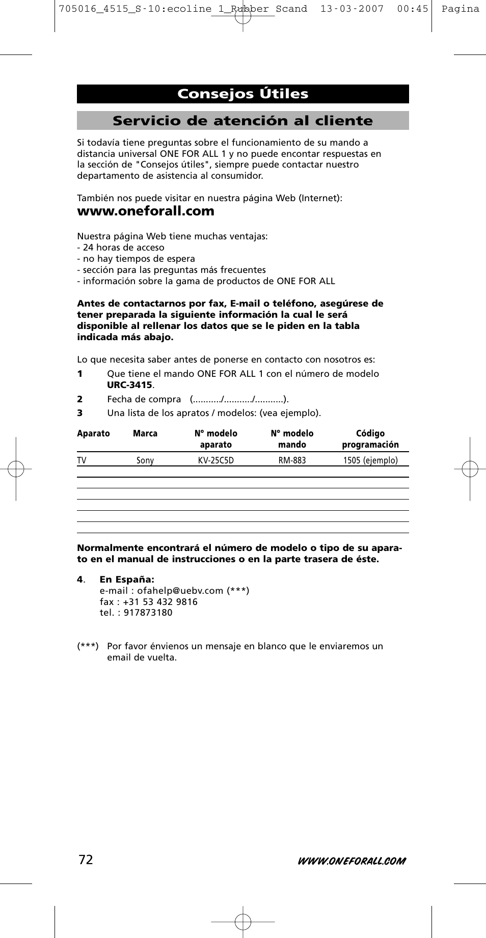 Servicio de atención al cliente, Consejos útiles | One for All URC-3415 User Manual | Page 72 / 84