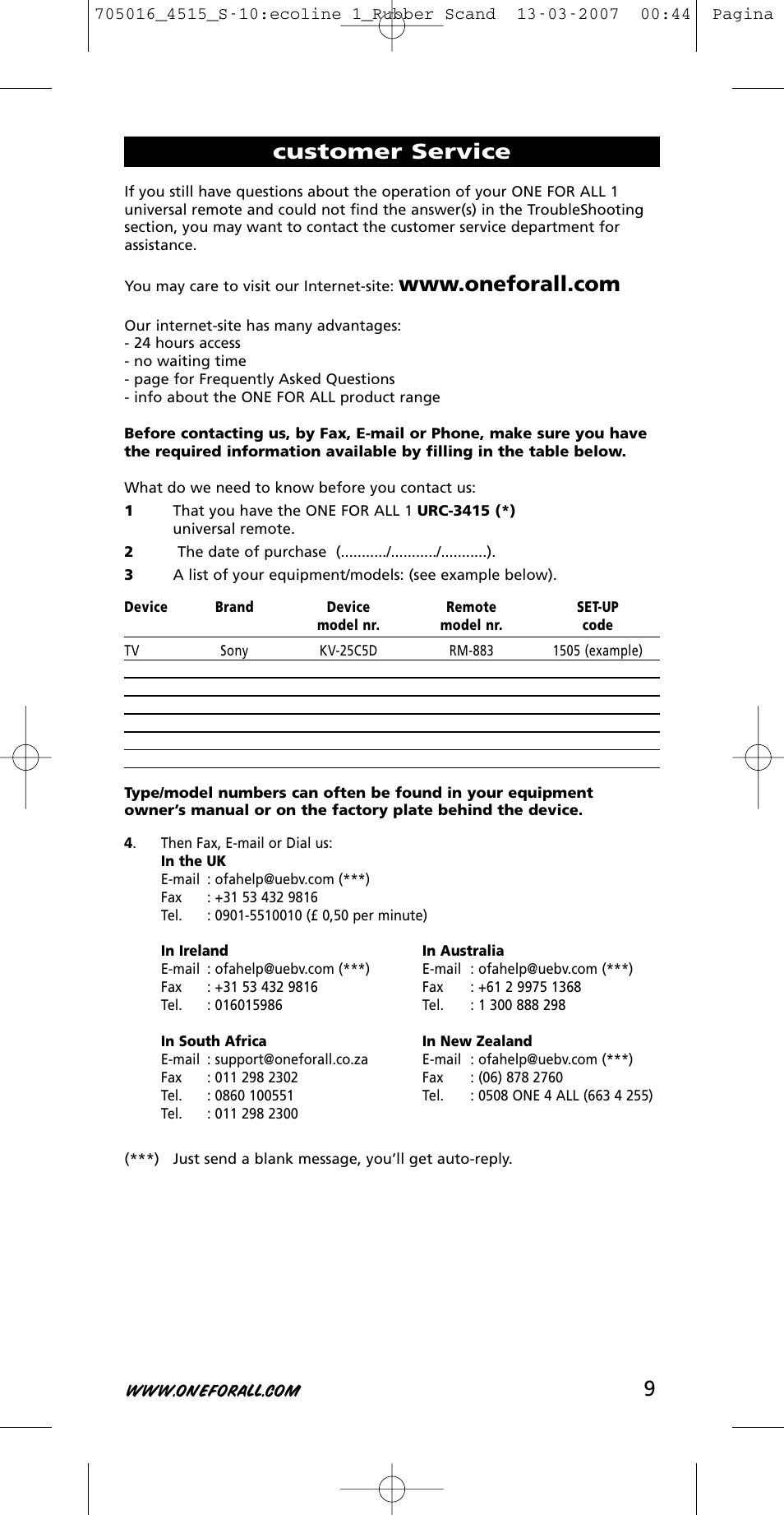 Customer service | One for All URC-3415 User Manual | Page 9 / 84