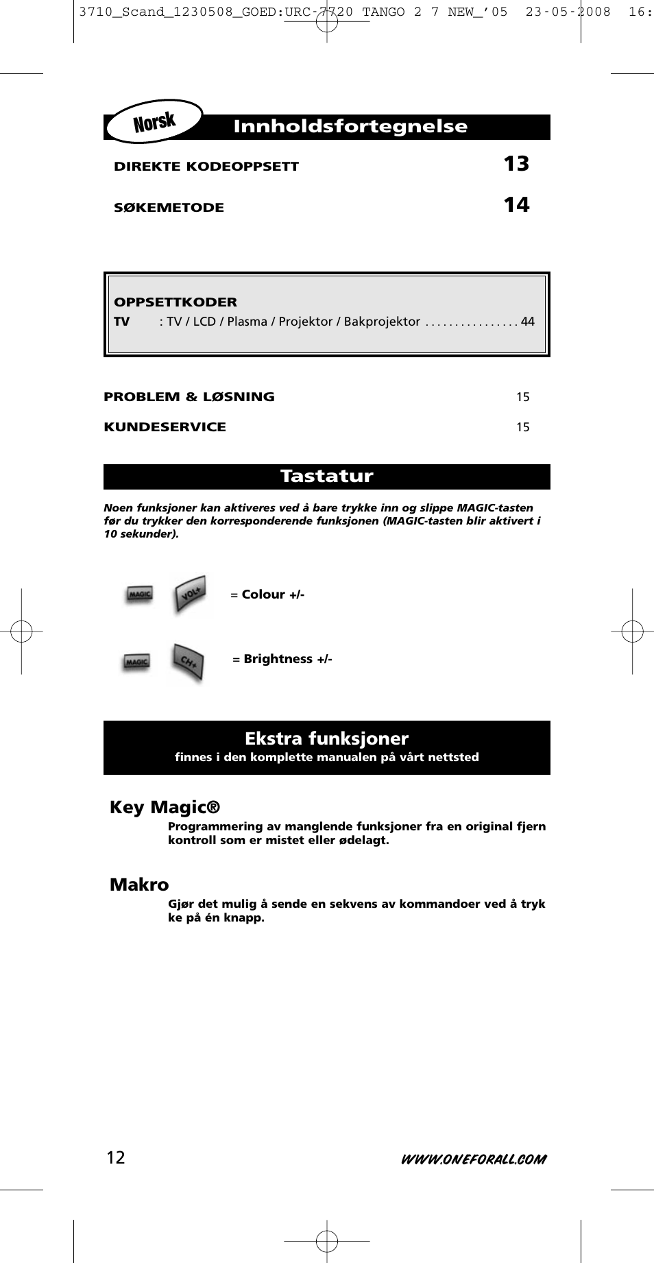 Norsk, Key magic, Makro | Innholdsfortegnelse, Ekstra funksjoner, Tastatur | One for All URC-3710 User Manual | Page 12 / 54