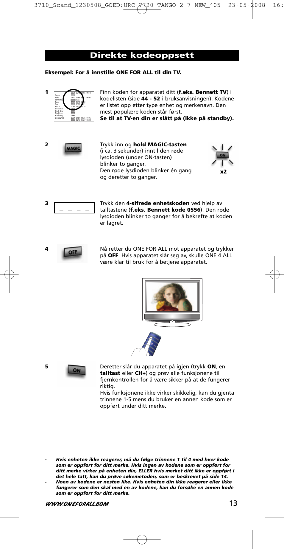 Direkte kodeoppsett | One for All URC-3710 User Manual | Page 13 / 54