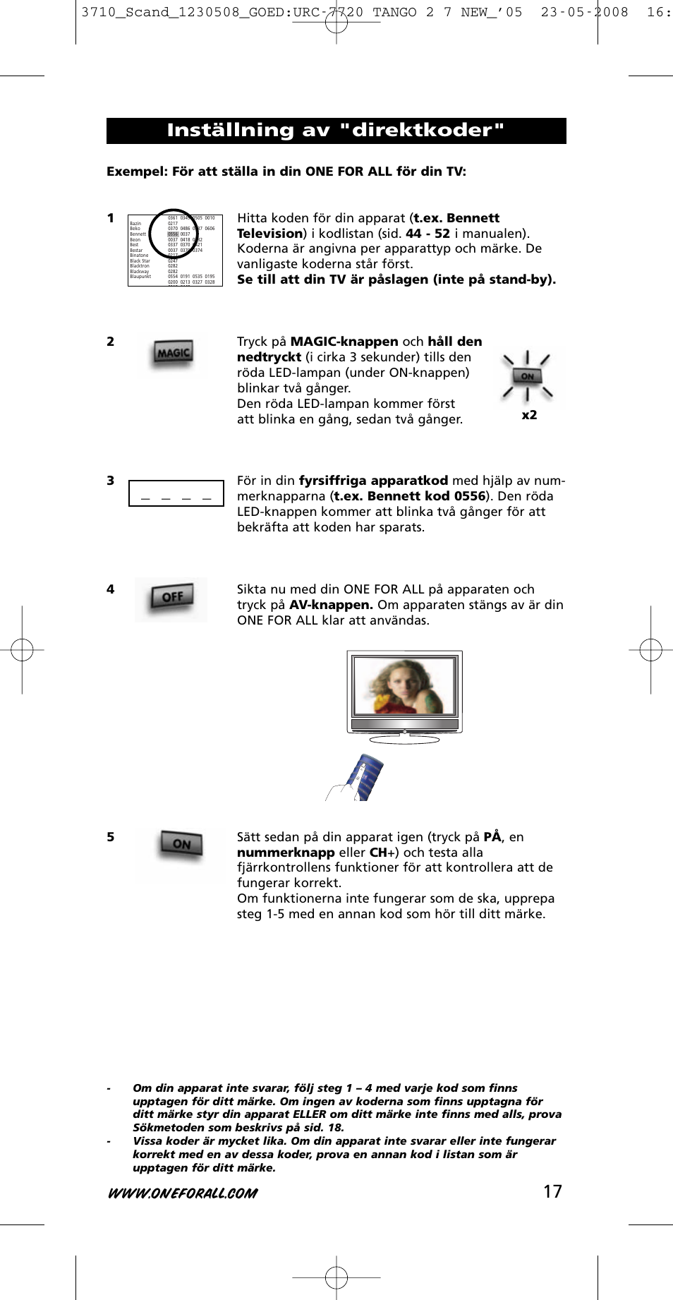 Inställning av "direktkoder | One for All URC-3710 User Manual | Page 17 / 54