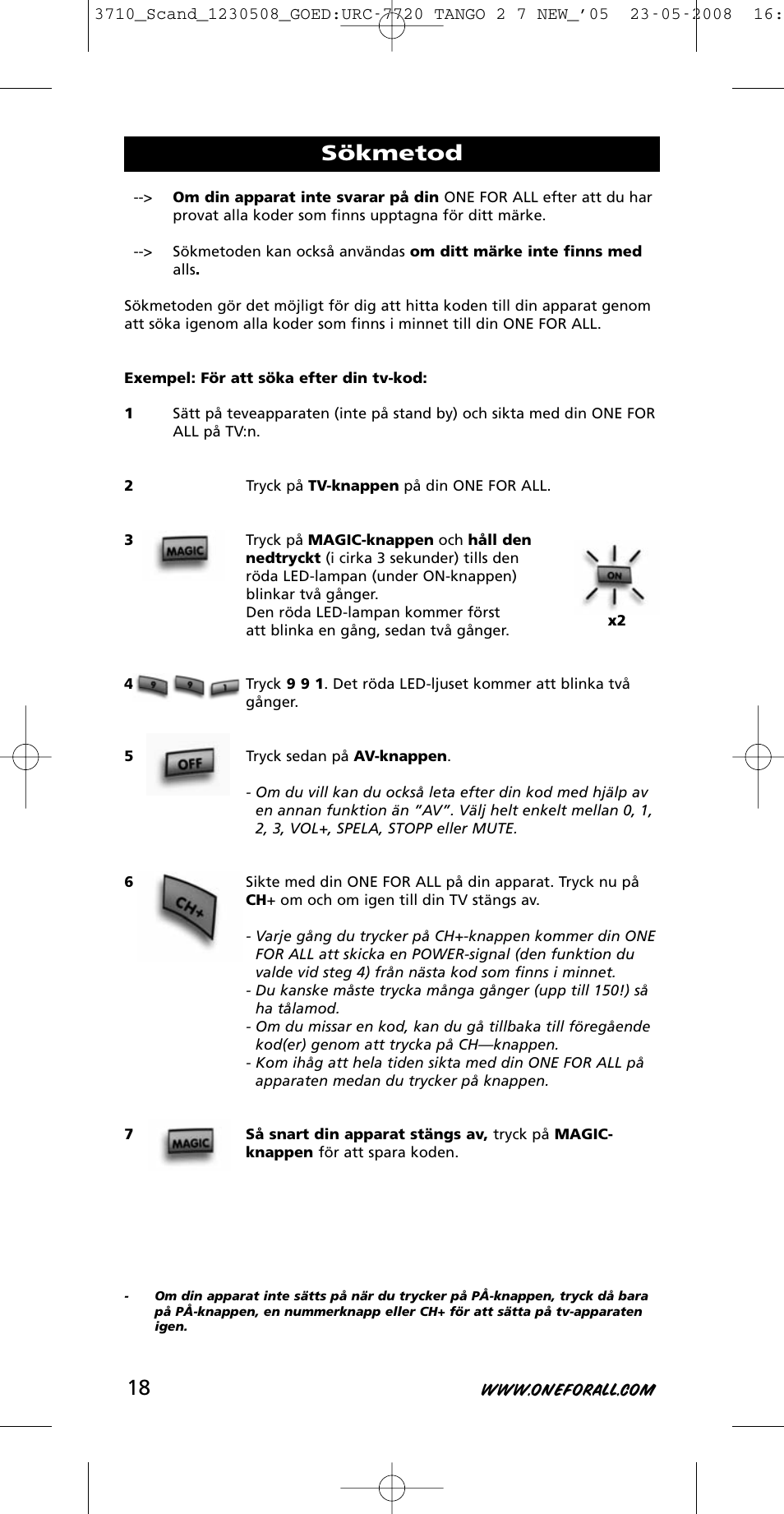 Sökmetod | One for All URC-3710 User Manual | Page 18 / 54