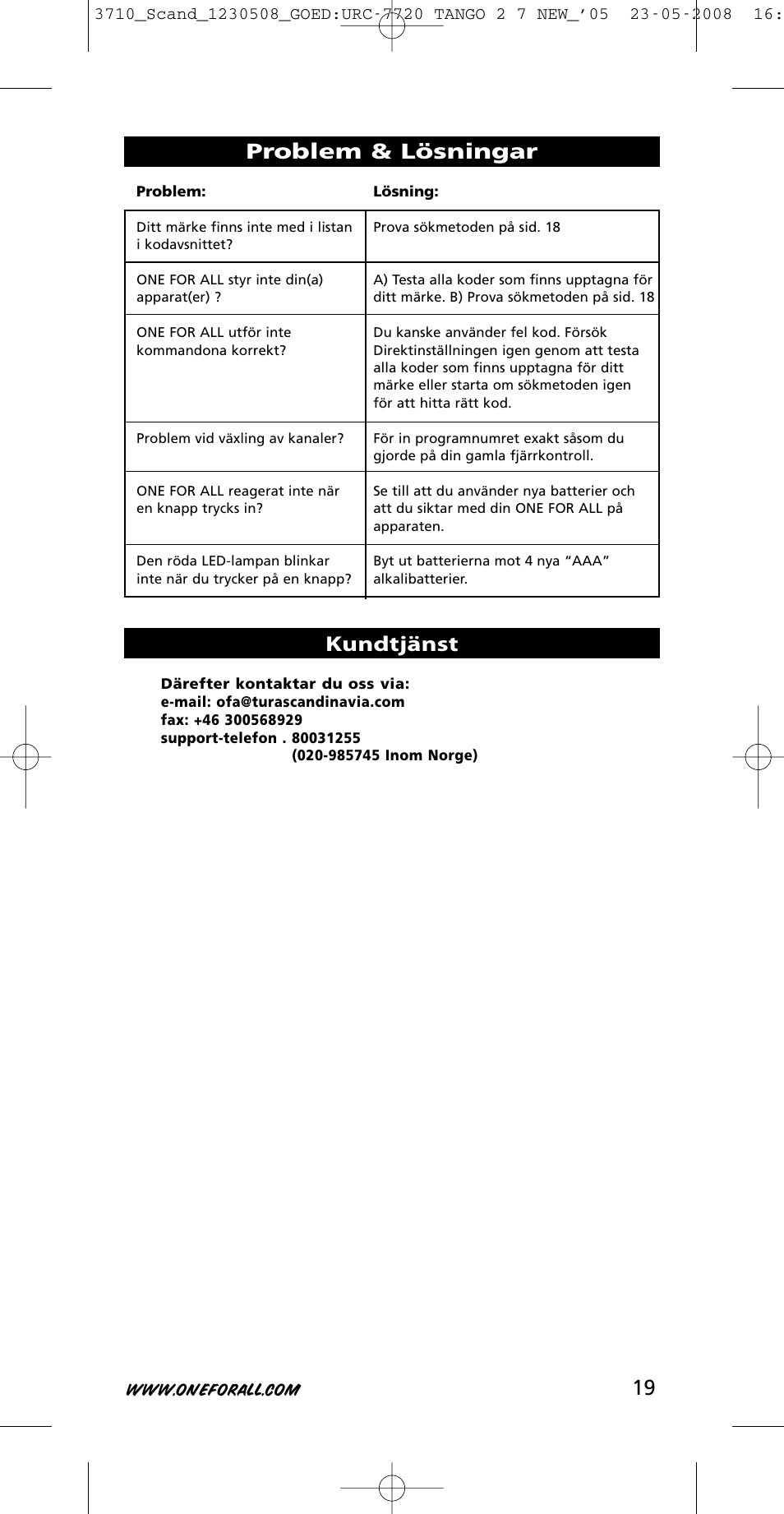 19 problem & lösningar, Kundtjänst | One for All URC-3710 User Manual | Page 19 / 54