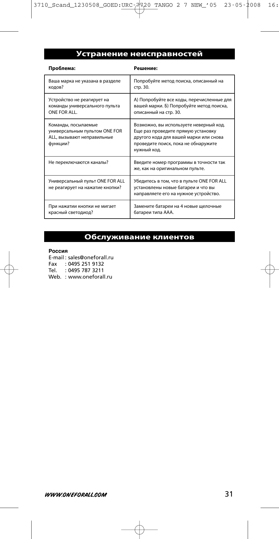 31 устранение неисправностей, Обслуживание клиентов | One for All URC-3710 User Manual | Page 31 / 54