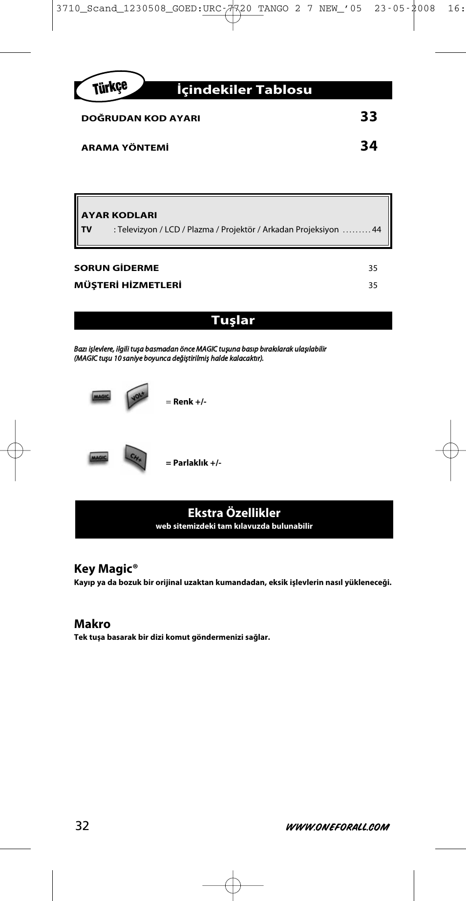 Türkçe, Key magic, Makro | Içindekiler tablosu, Ekstra özellikler, Tuşlar | One for All URC-3710 User Manual | Page 32 / 54