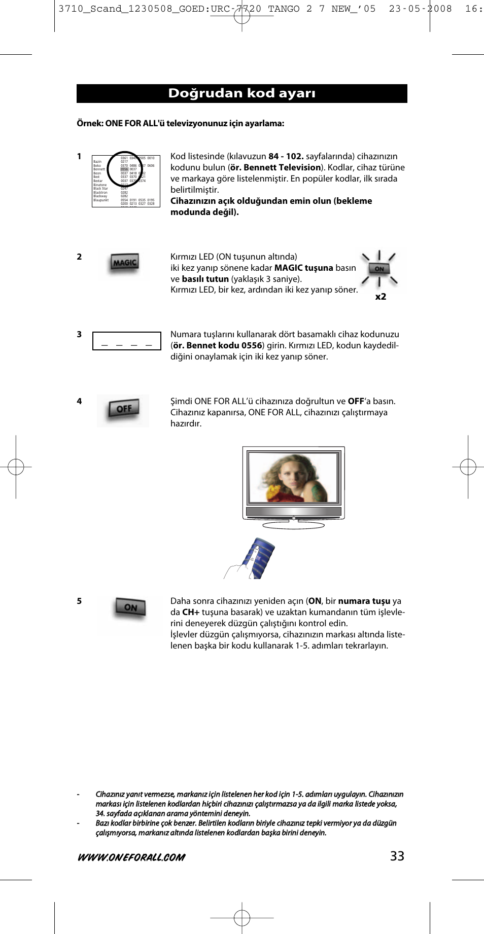 Doğrudan kod ayarı | One for All URC-3710 User Manual | Page 33 / 54