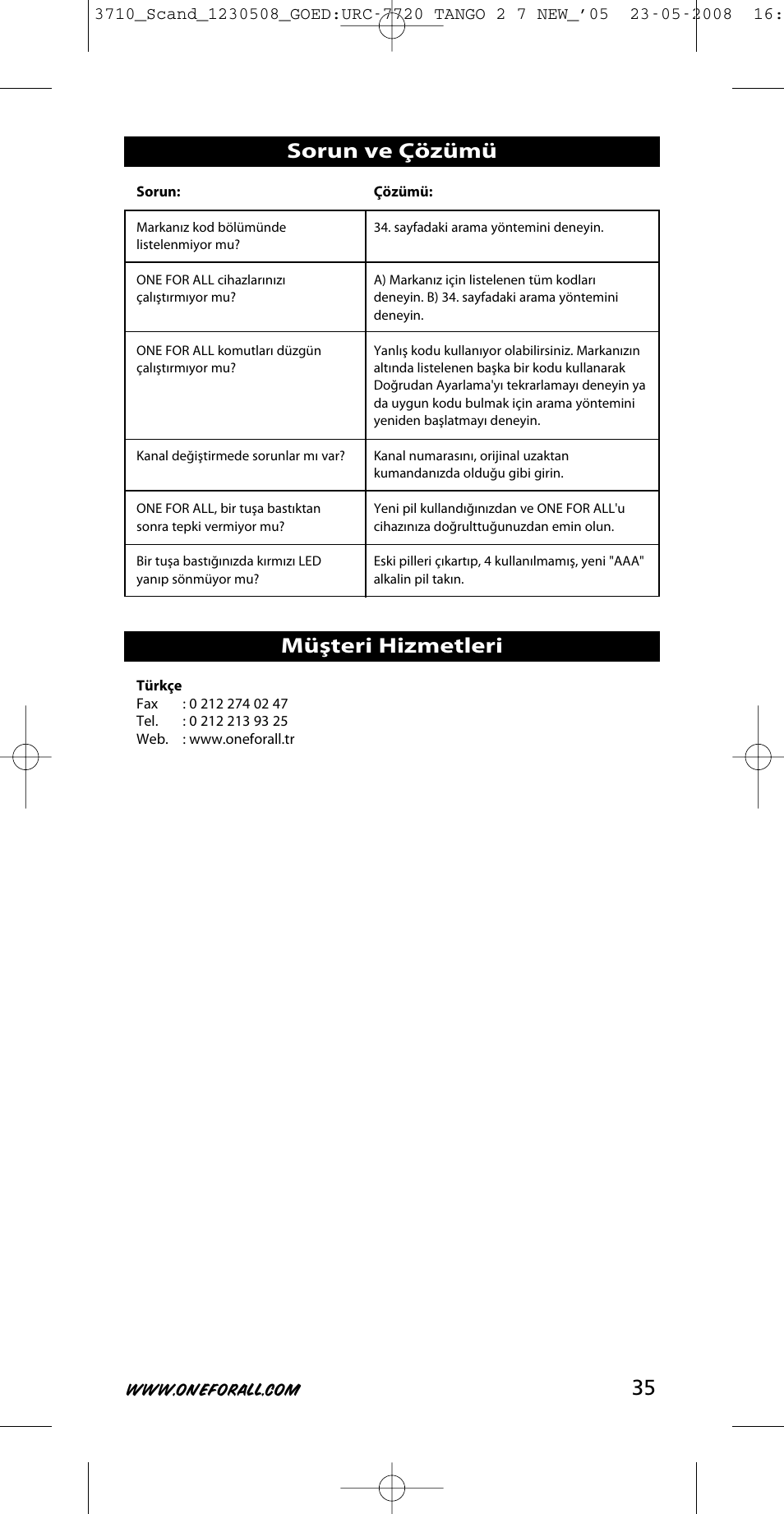 35 sorun ve çözümü, Müşteri hizmetleri | One for All URC-3710 User Manual | Page 35 / 54