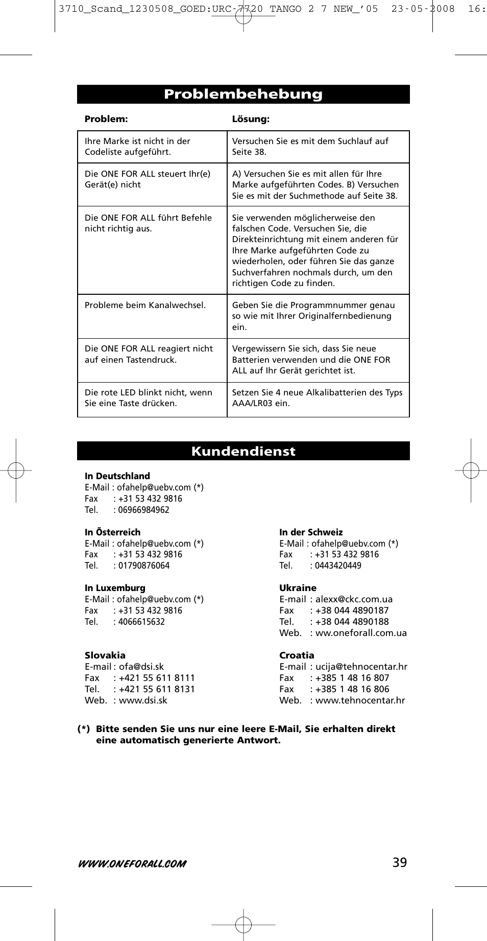 39 problembehebung, Kundendienst | One for All URC-3710 User Manual | Page 39 / 54