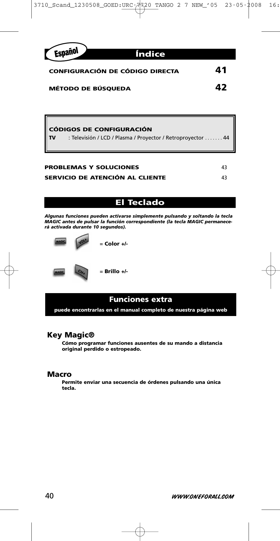 Español, Key magic, Macro | Índice, Funciones extra, El teclado | One for All URC-3710 User Manual | Page 40 / 54