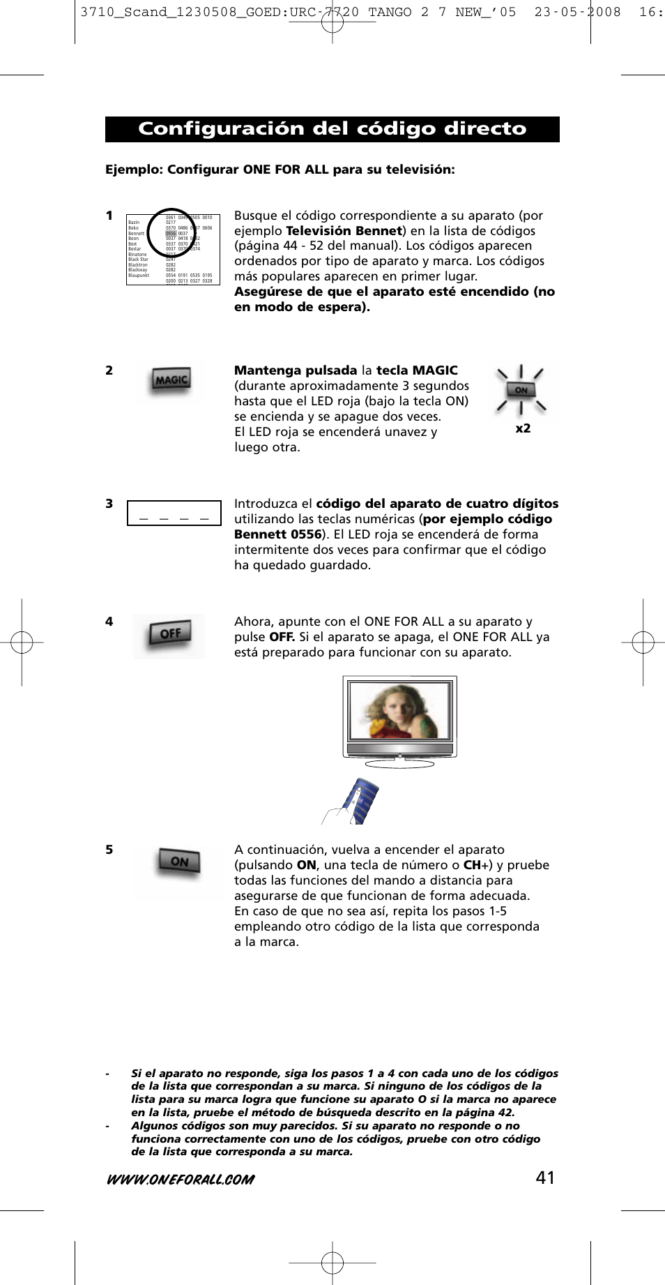 Configuración del código directo | One for All URC-3710 User Manual | Page 41 / 54