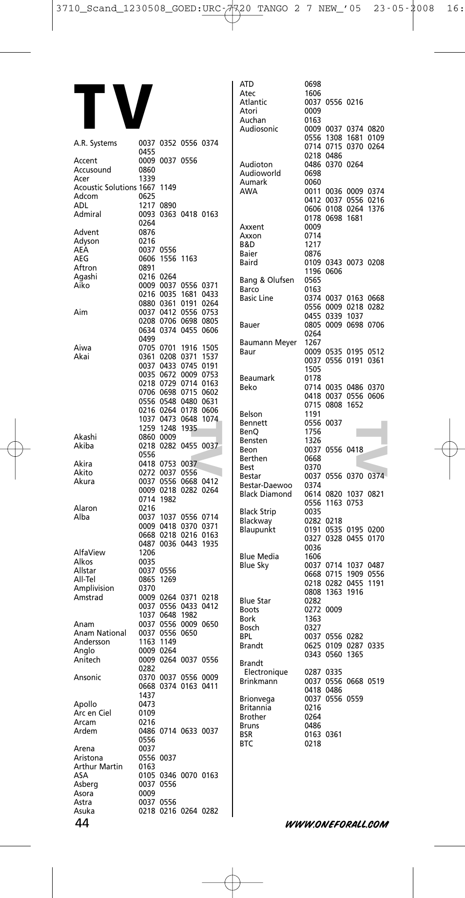 Tv t v | One for All URC-3710 User Manual | Page 44 / 54