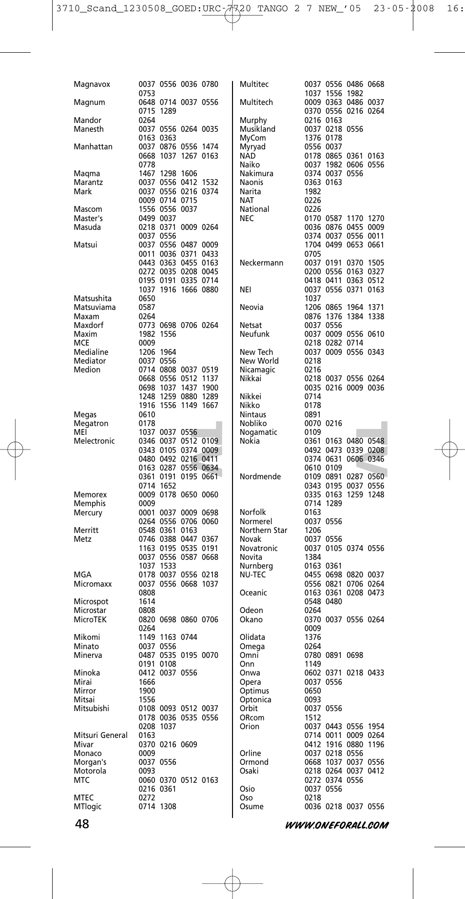 Tv t v | One for All URC-3710 User Manual | Page 48 / 54