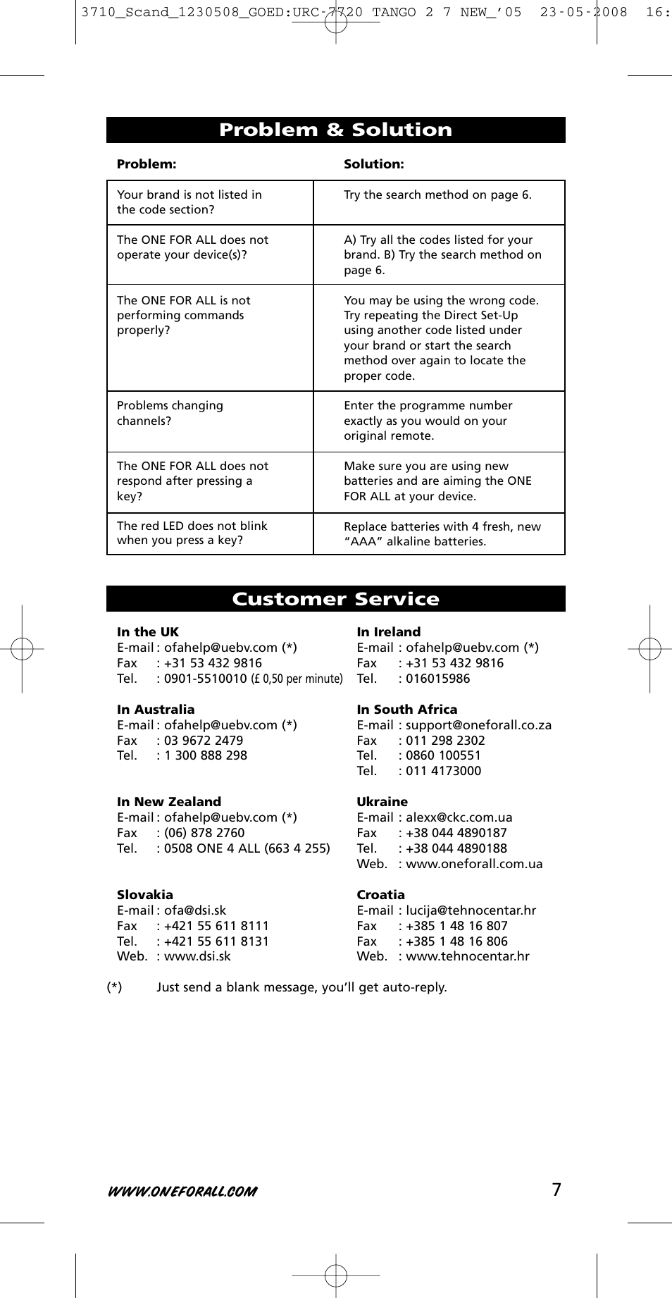 7problem & solution, Customer service | One for All URC-3710 User Manual | Page 7 / 54