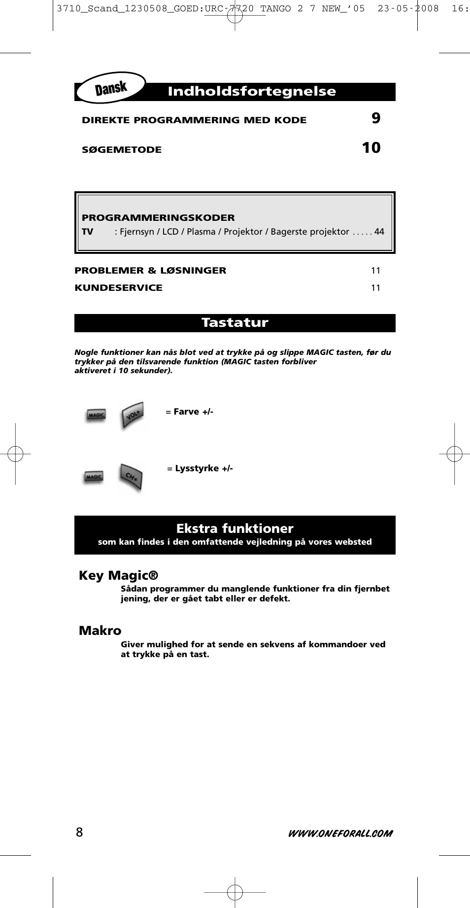 Dansk, Key magic, Makro | Indholdsfortegnelse, Ekstra funktioner, Tastatur | One for All URC-3710 User Manual | Page 8 / 54