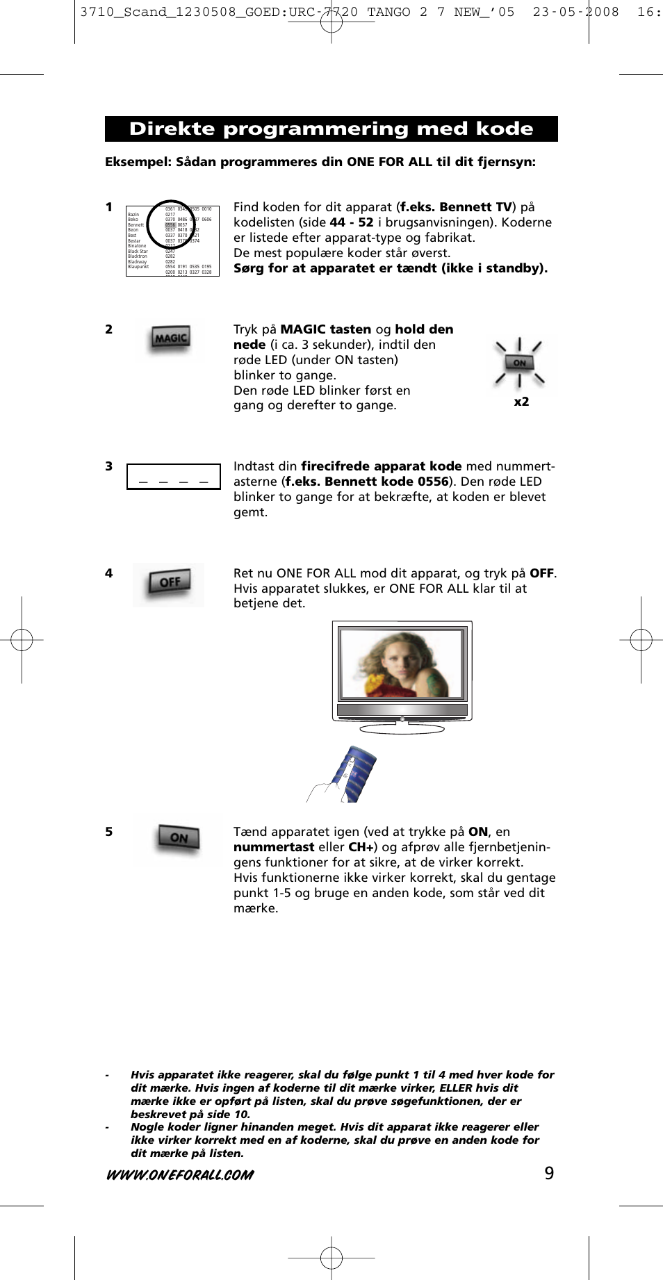 Direkte programmering med kode | One for All URC-3710 User Manual | Page 9 / 54