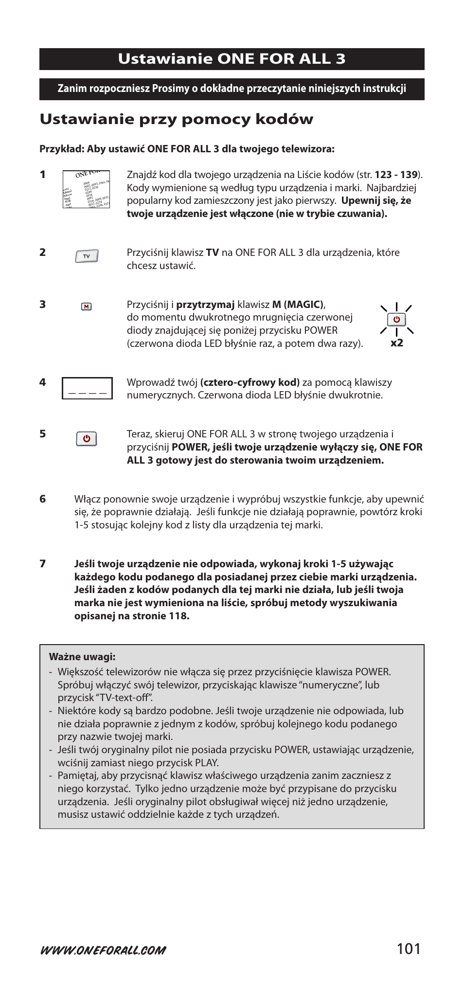 Ustawianie przy pomocy kodów, Ustawianie one for all 3, Ważne uwagi | One for All URC-9040 User Manual | Page 101 / 144