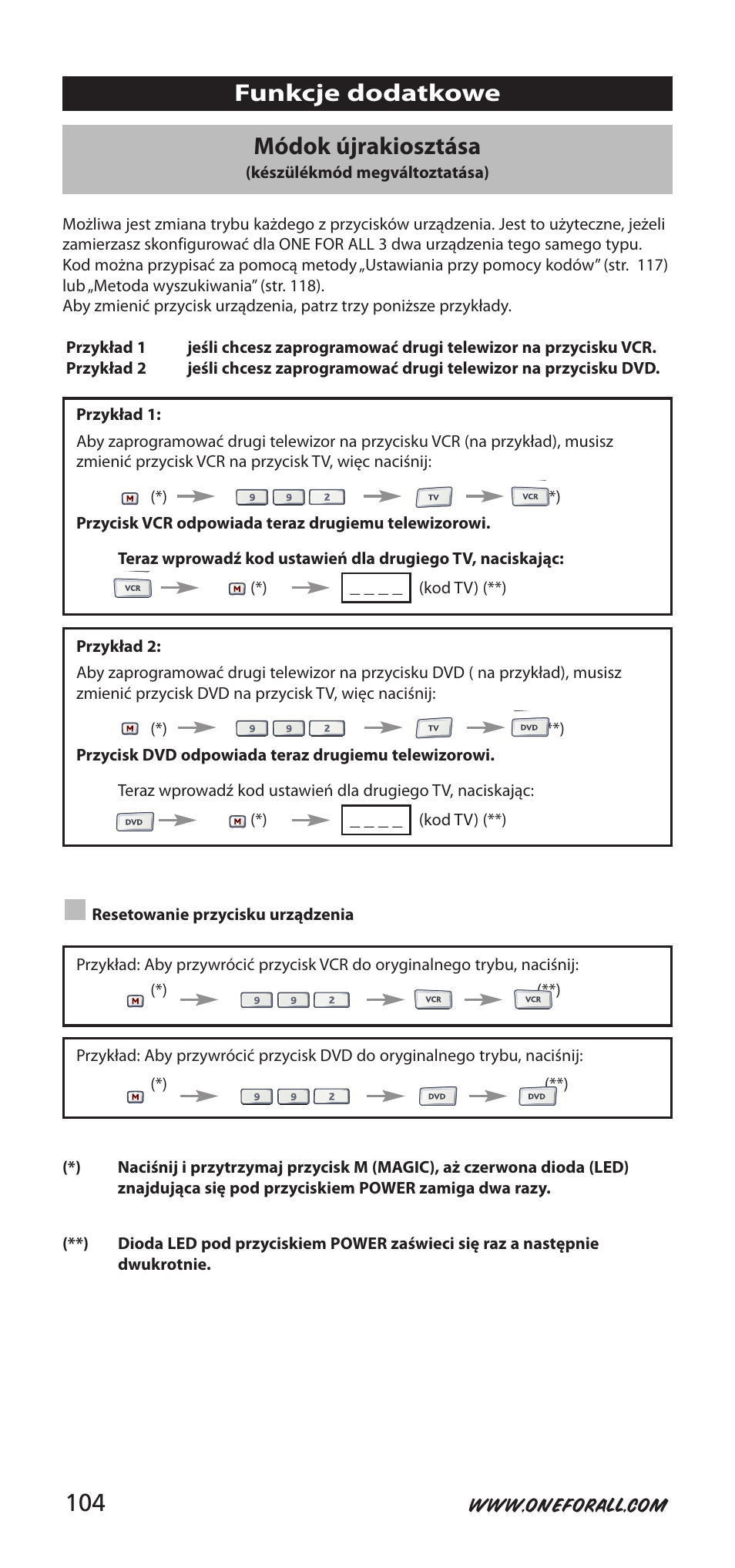 Funkcje dodatkowe módok újrakiosztása | One for All URC-9040 User Manual | Page 104 / 144