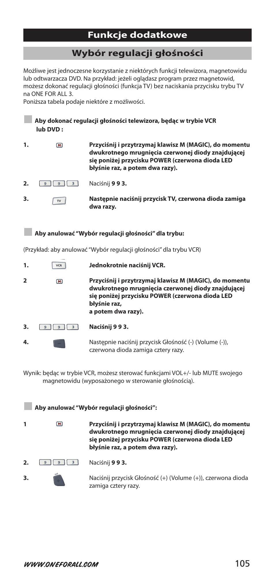 Wybór regulacji głośności, Funkcje dodatkowe | One for All URC-9040 User Manual | Page 105 / 144