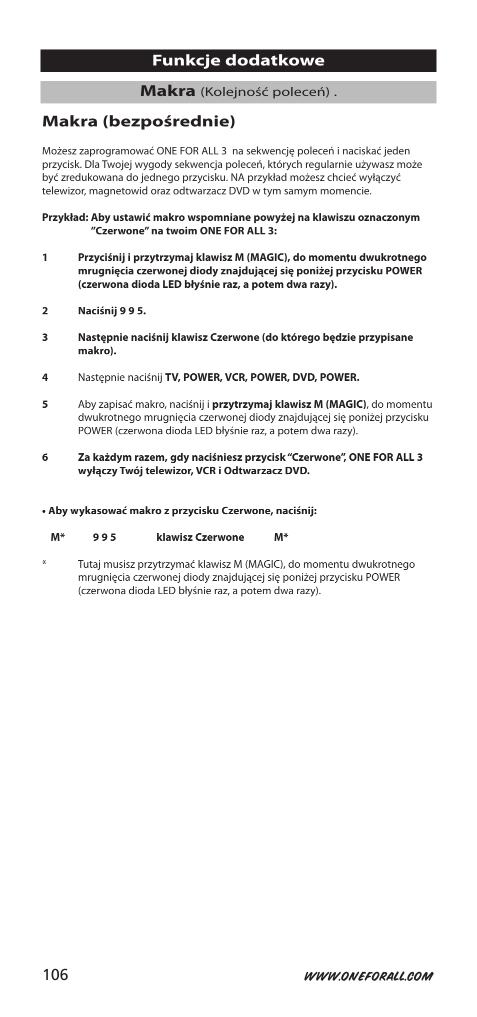 Makra, Funkcje dodatkowe makra (bezpośrednie) | One for All URC-9040 User Manual | Page 106 / 144