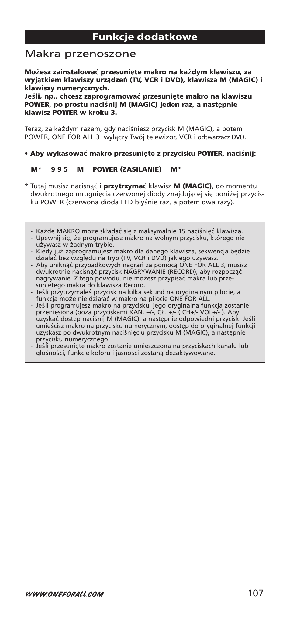 107 makra przenoszone, Funkcje dodatkowe | One for All URC-9040 User Manual | Page 107 / 144