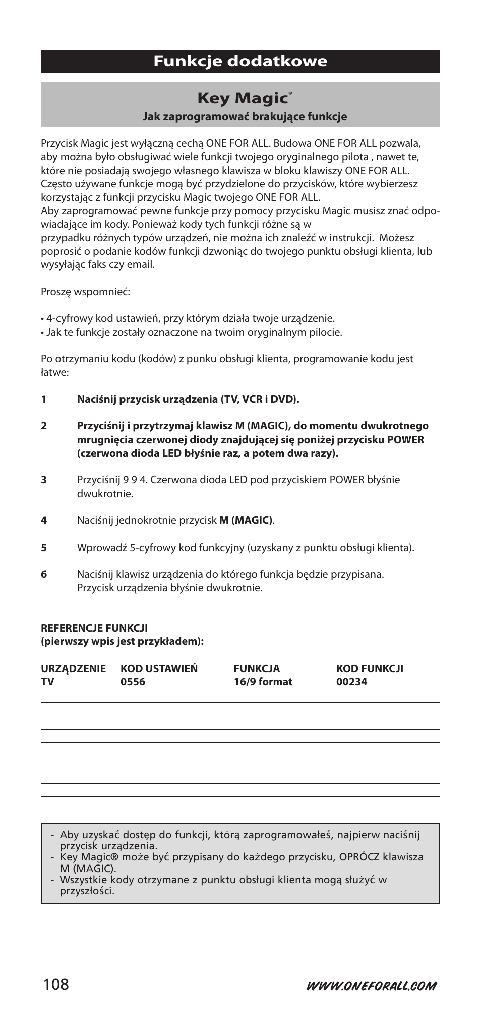 Key magic, Funkcje dodatkowe | One for All URC-9040 User Manual | Page 108 / 144