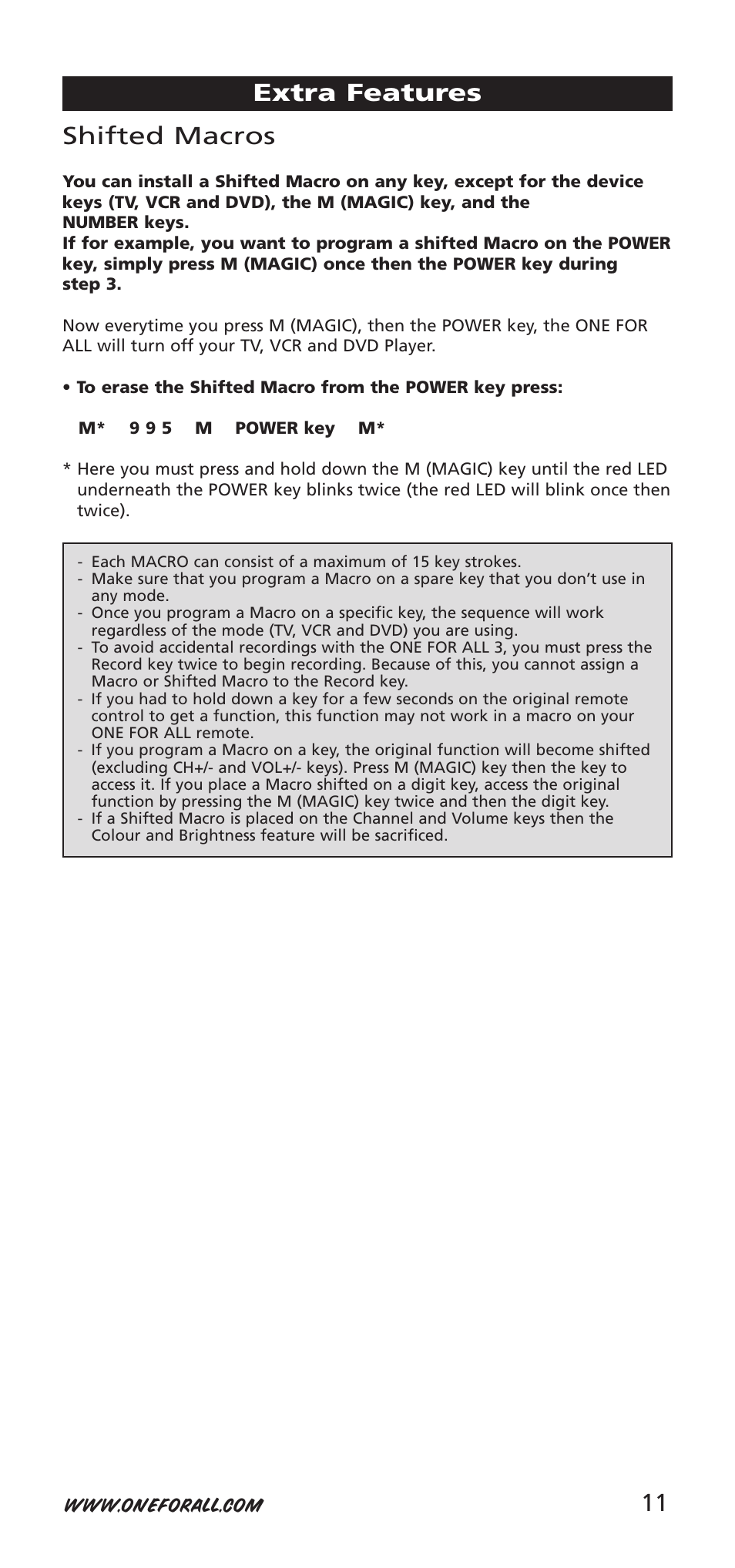 Shifted macros, Extra features | One for All URC-9040 User Manual | Page 11 / 144