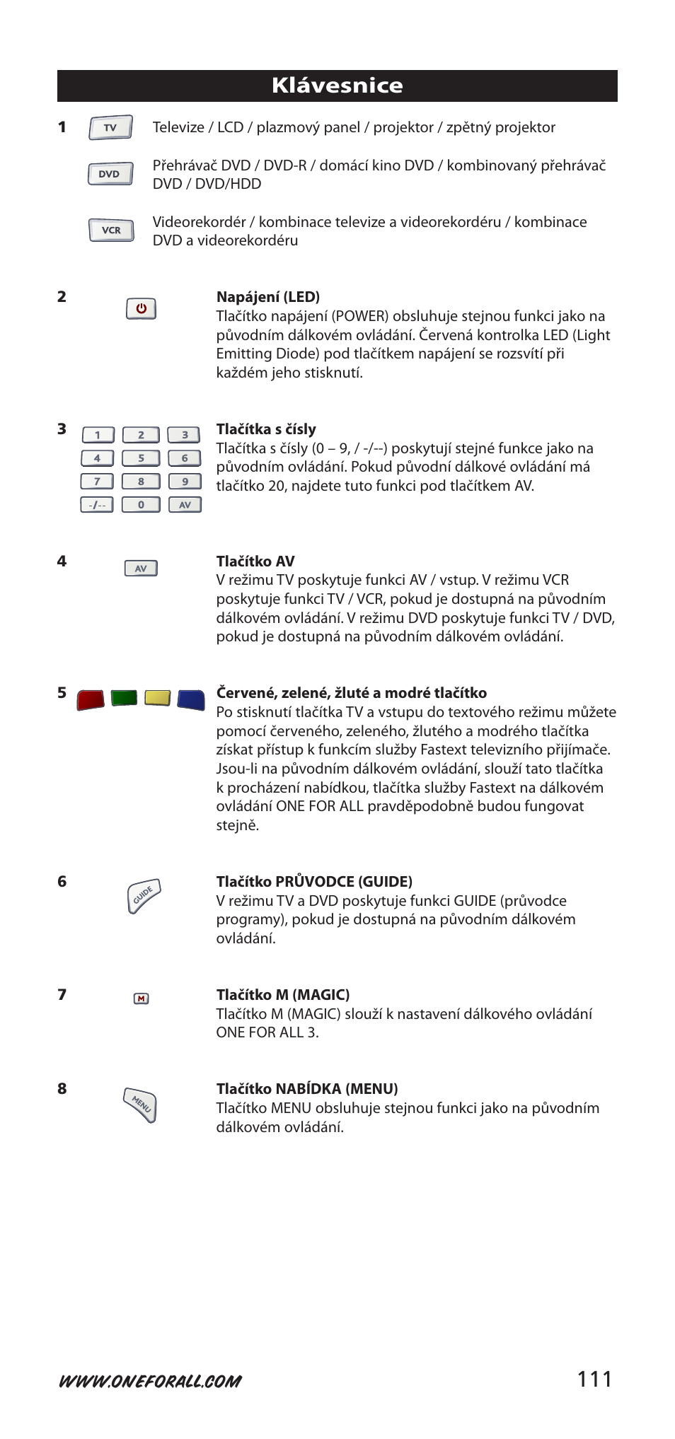 111 klávesnice | One for All URC-9040 User Manual | Page 111 / 144