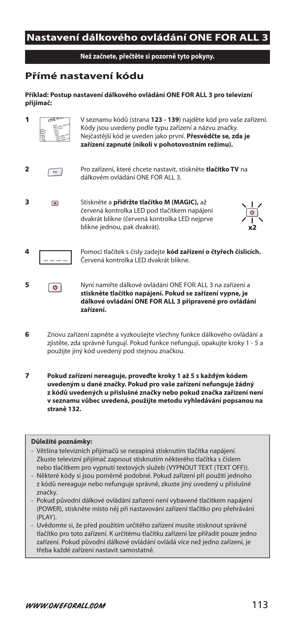 Přímé nastavení kódu, Nastavení dálkového ovládání one for all 3, Než začnete, přečtěte si pozorně tyto pokyny | Důležité poznámky | One for All URC-9040 User Manual | Page 113 / 144
