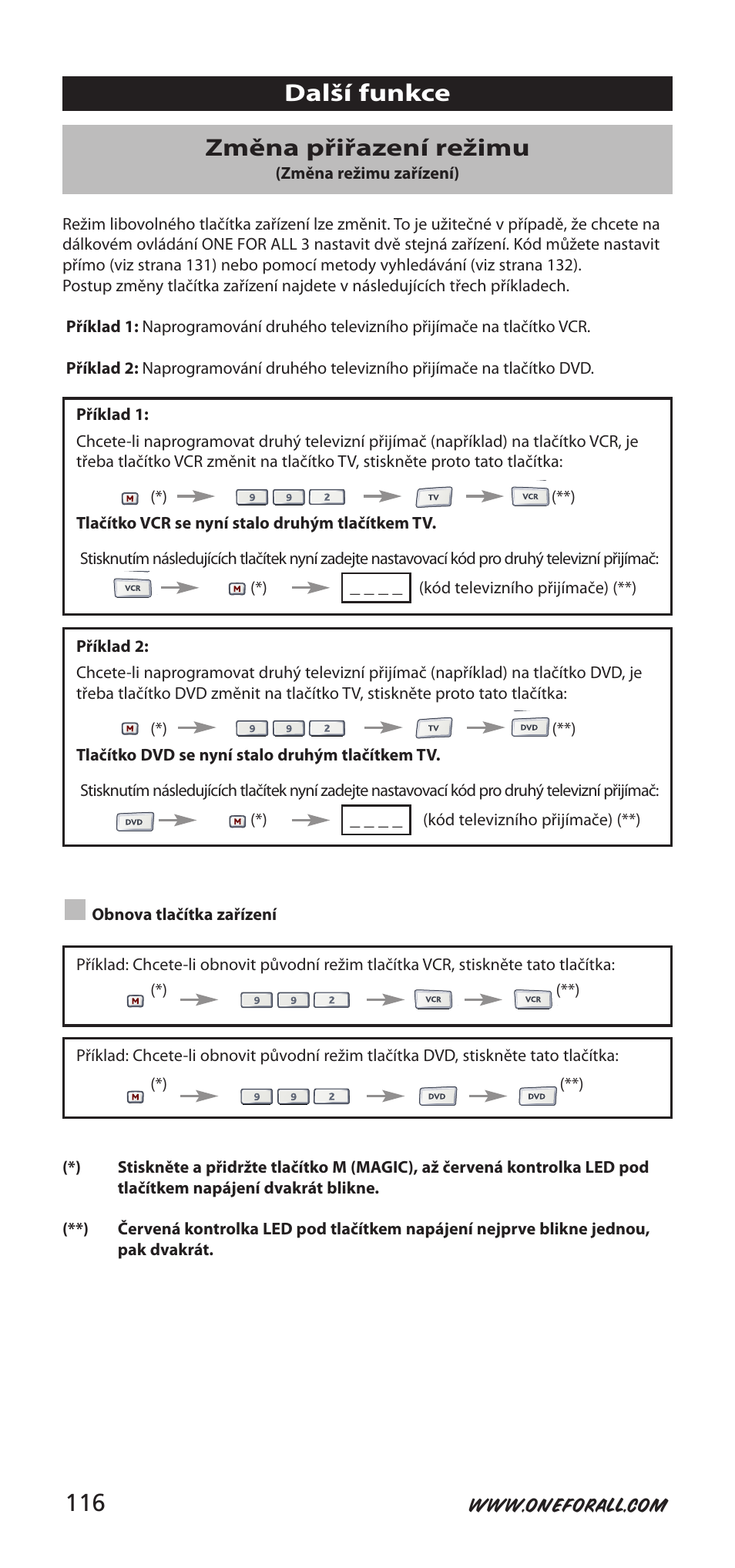 Další funkce změna přiřazení režimu | One for All URC-9040 User Manual | Page 116 / 144