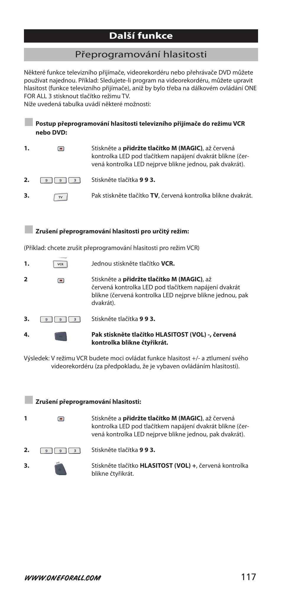 117 přeprogramování hlasitosti, Další funkce | One for All URC-9040 User Manual | Page 117 / 144