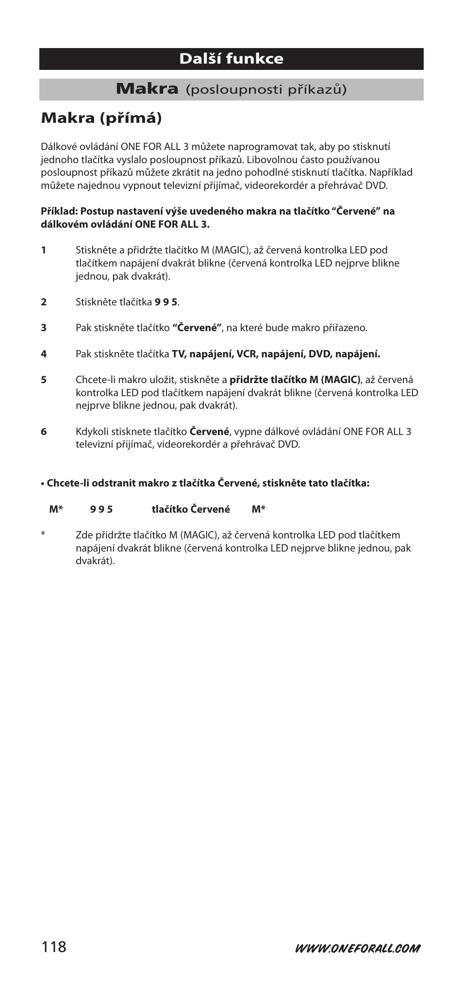 Makra, Další funkce makra (přímá) | One for All URC-9040 User Manual | Page 118 / 144