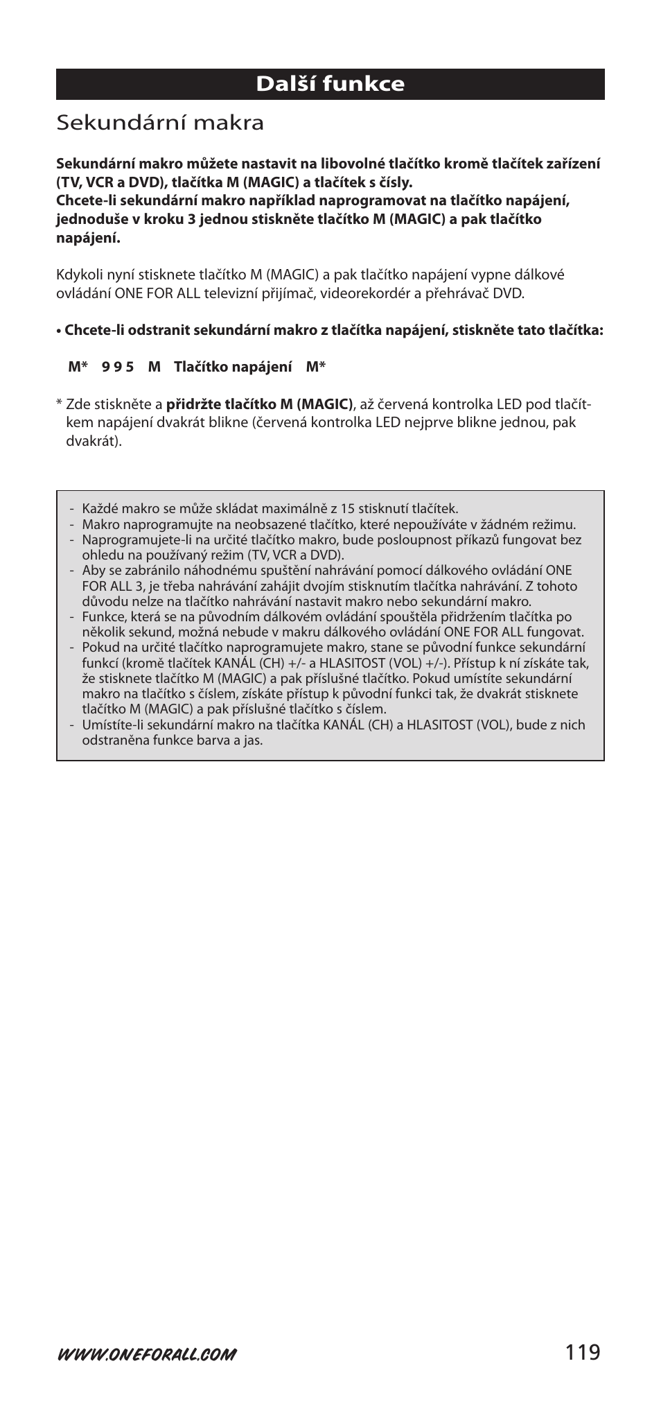 119 sekundární makra, Další funkce | One for All URC-9040 User Manual | Page 119 / 144