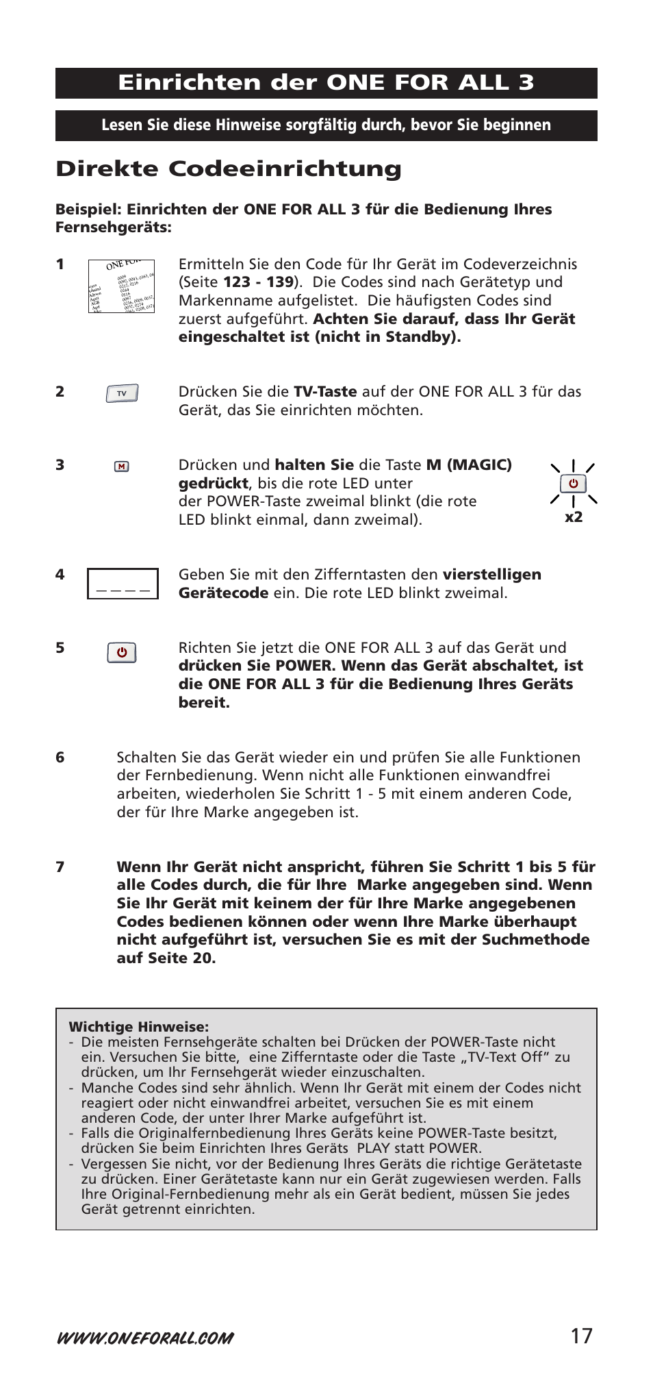 Direkte codeeinrichtung, Einrichten der one for all 3 | One for All URC-9040 User Manual | Page 17 / 144