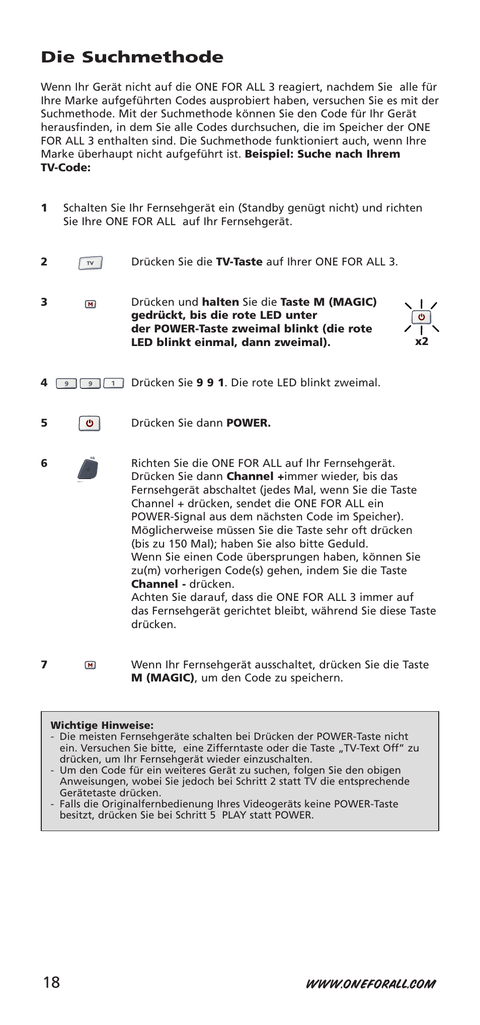 Die suchmethode | One for All URC-9040 User Manual | Page 18 / 144