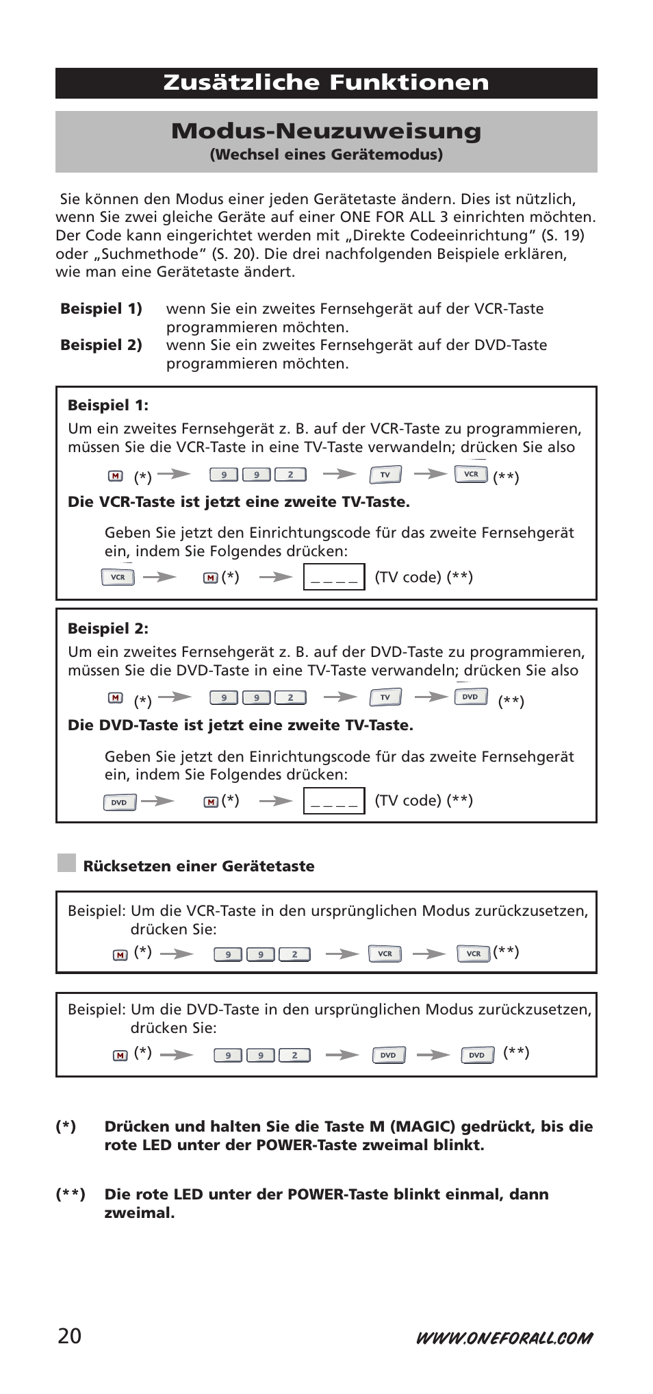 Zusätzliche funktionen modus-neuzuweisung | One for All URC-9040 User Manual | Page 20 / 144