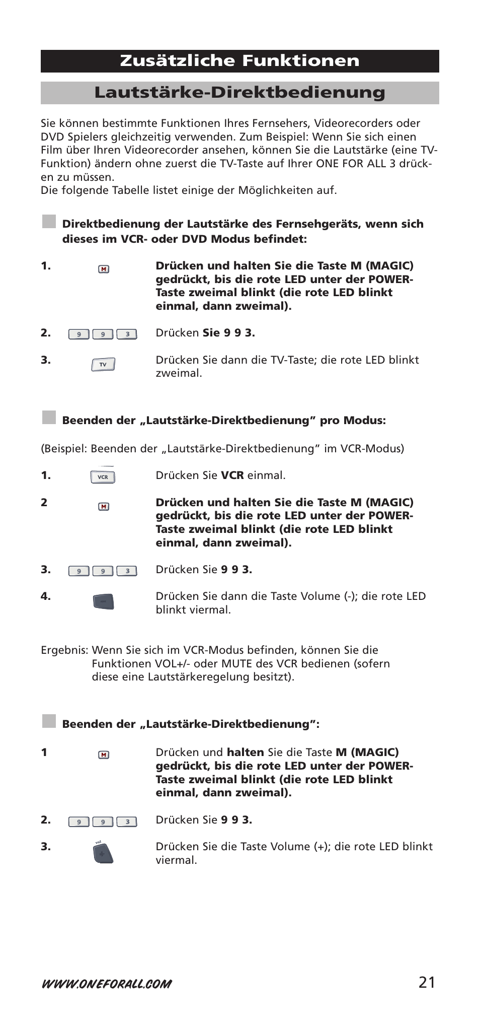 Lautstärke-direktbedienung, Zusätzliche funktionen | One for All URC-9040 User Manual | Page 21 / 144