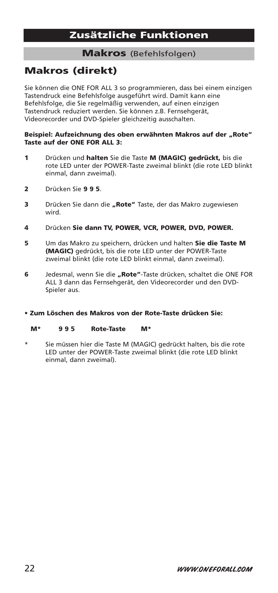 Makros, Zusätzliche funktionen makros (direkt) | One for All URC-9040 User Manual | Page 22 / 144