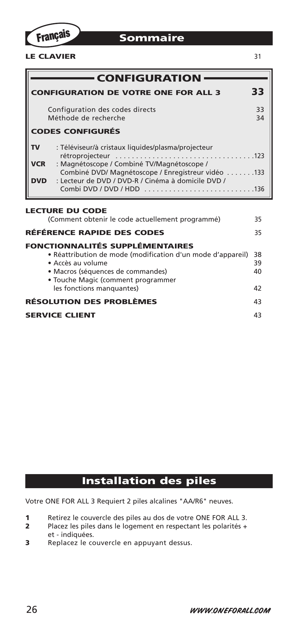 Français, Configuration, Sommaire | Installation des piles | One for All URC-9040 User Manual | Page 26 / 144